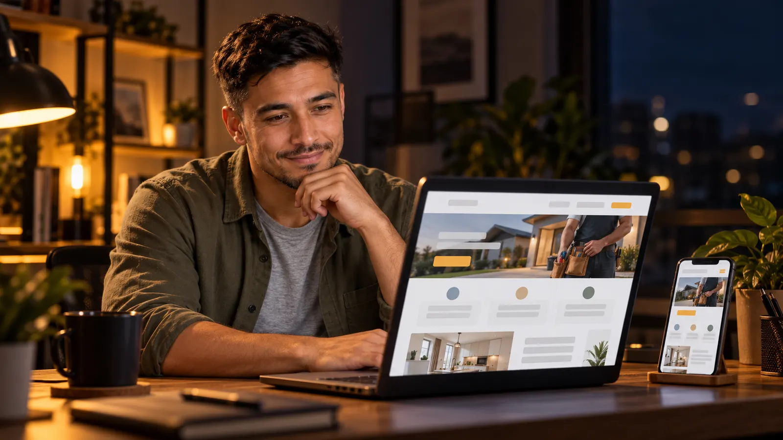 Man smiling at a laptop showing a rebuilt local business website preview, found with Claude