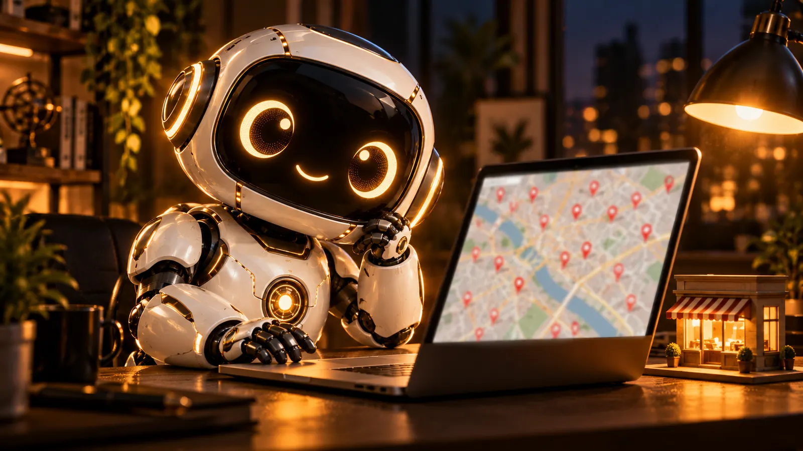 Jarvis mascot at a laptop showing a Google Maps view with pins, ready to find clients with Claude